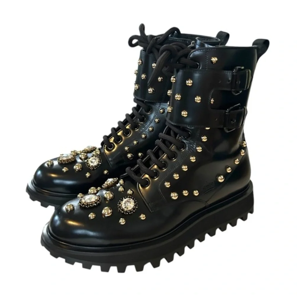 Dolce & Gabbana 9 Naxos combat boot studded jeweled lace‎ up zip crown embossed